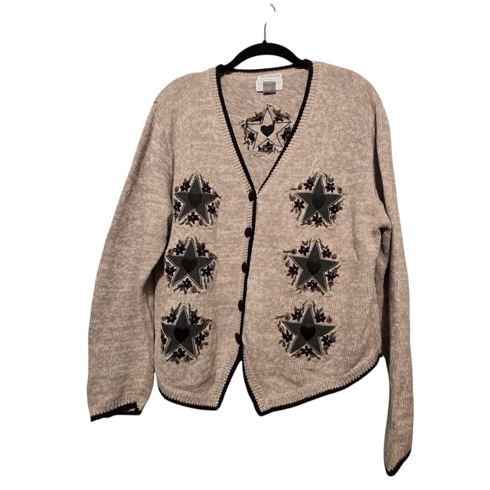 Vtg Christopher Banks Knit Cardigan LG Beige Embroidery Stars Grandma Cottage